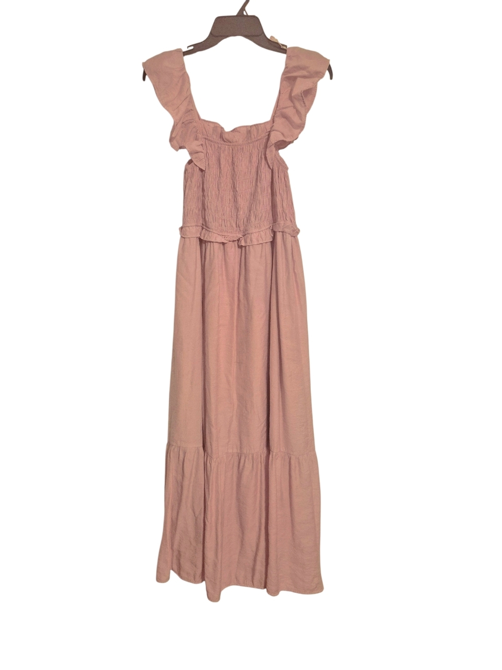 Smocked Midi Tiered Dress with Ruffle Straps in Baby Pink